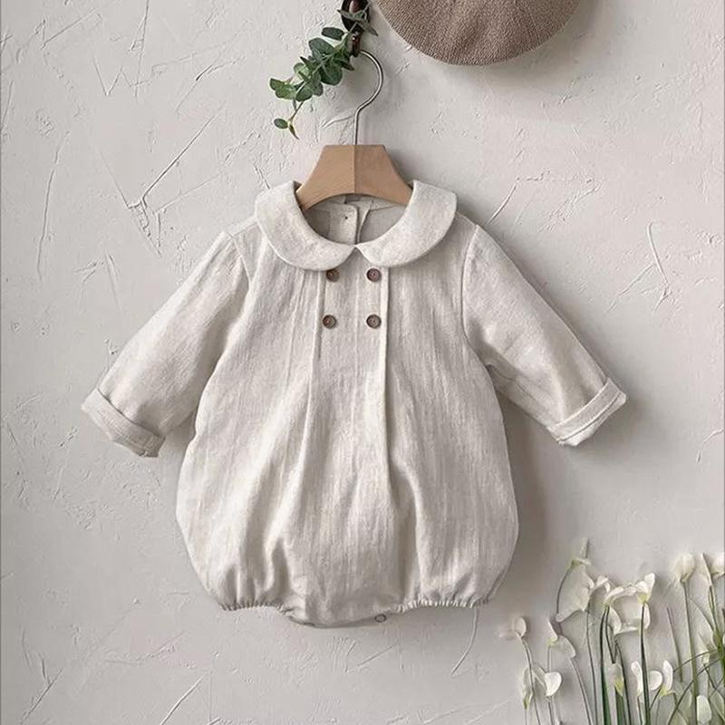 Autumn Linen Double-Breasted College Style Long-Sleeve Bodysuit for Babies