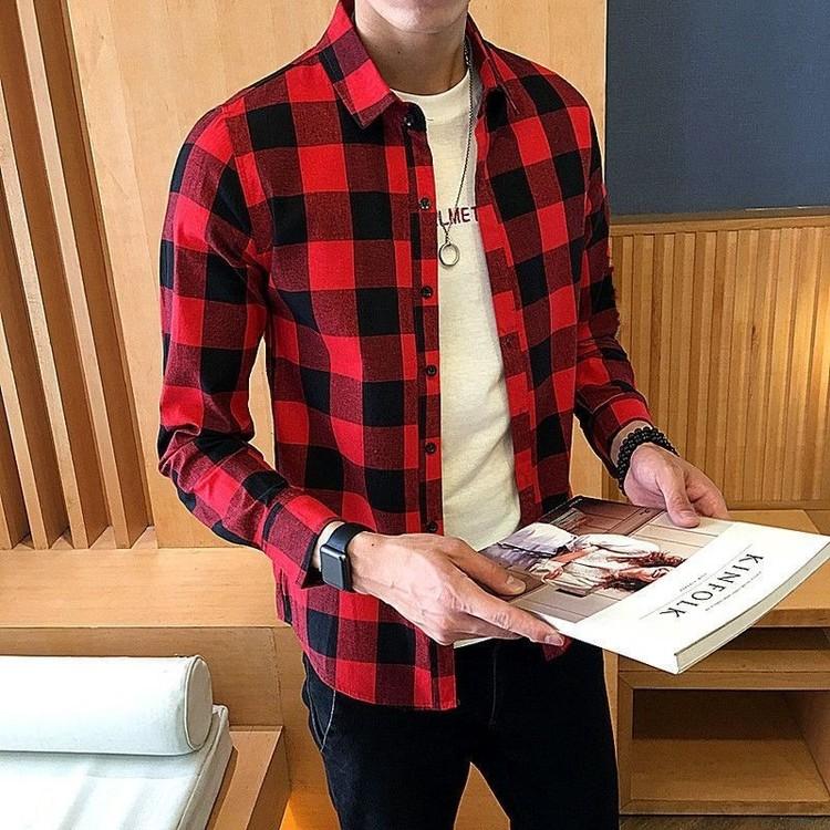 Мужская классическая клетчатая рубашка с длинным рукавом и клетчатым принтом, футболки с лацканами