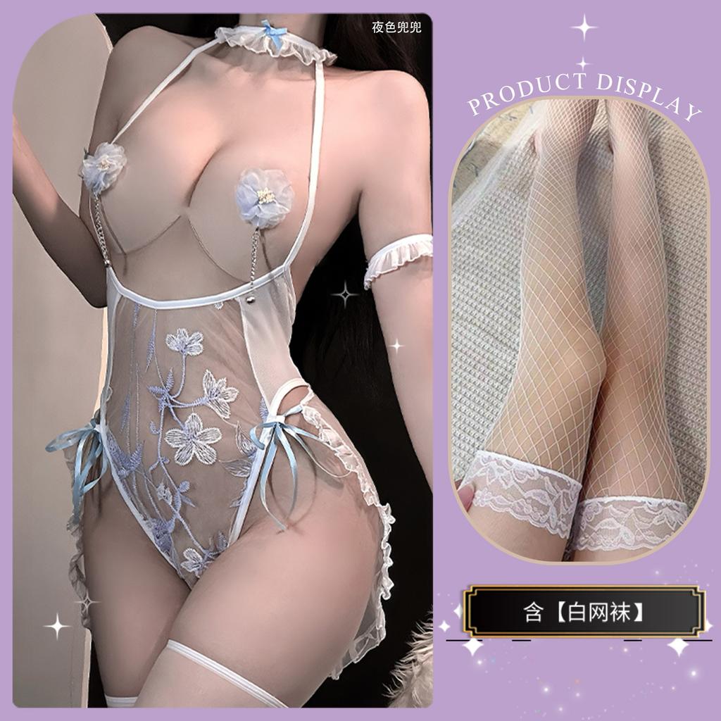 Sex lingerie sexy big tits open crotch temptation embroidered flower wedding onesie set hip bathing suit