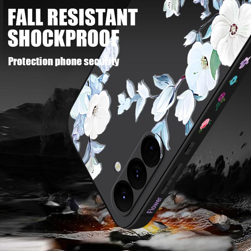 For Samsung S25 Ultra S24 FE S23 A56 A36 A16 A55 Phone Shell Floral Print Matte Lens Protection TPU Lanyard Soft Shockproof Silicone Slim Case Cover