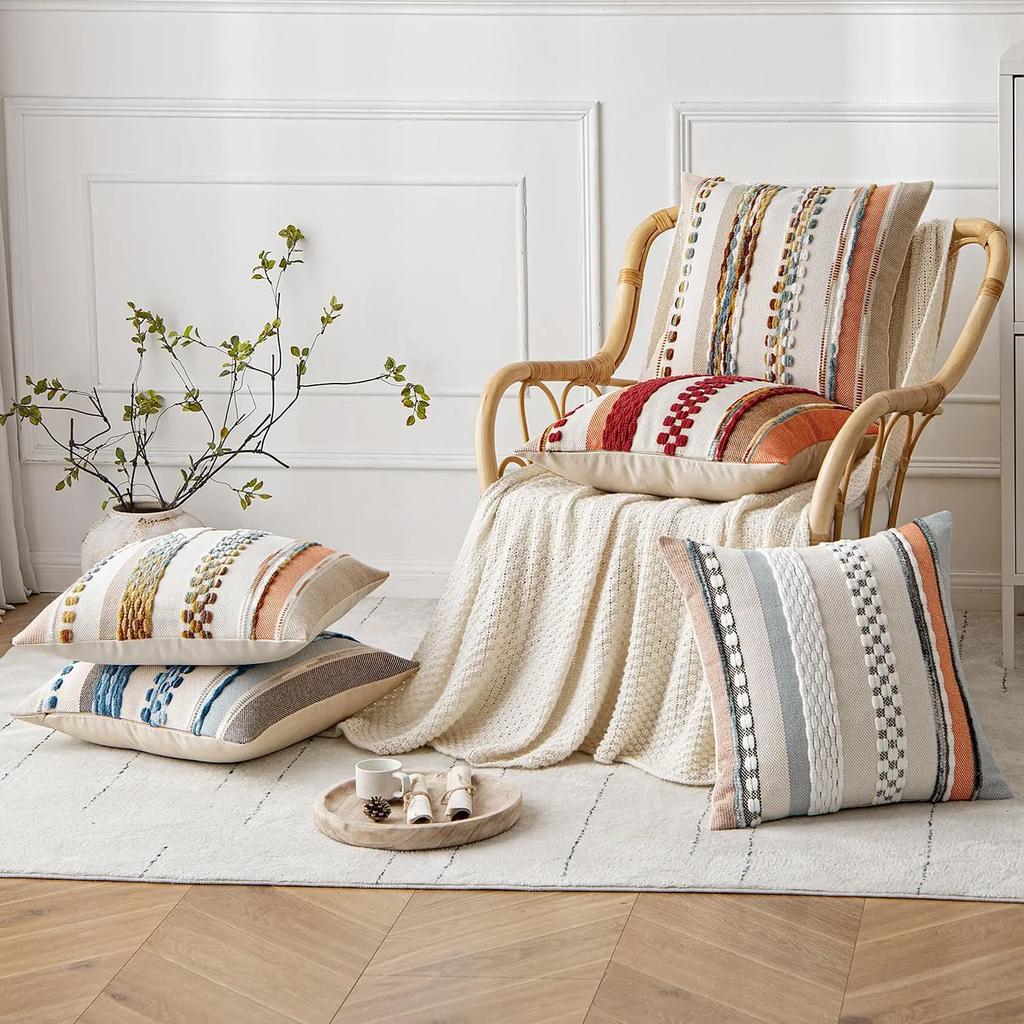 Boho Throw Pillow Cover 18x18 Decor Cushion Cases Multicolor Striped Chenille Pillow Cover Accent Pillowcase for Sofa Couch Bed