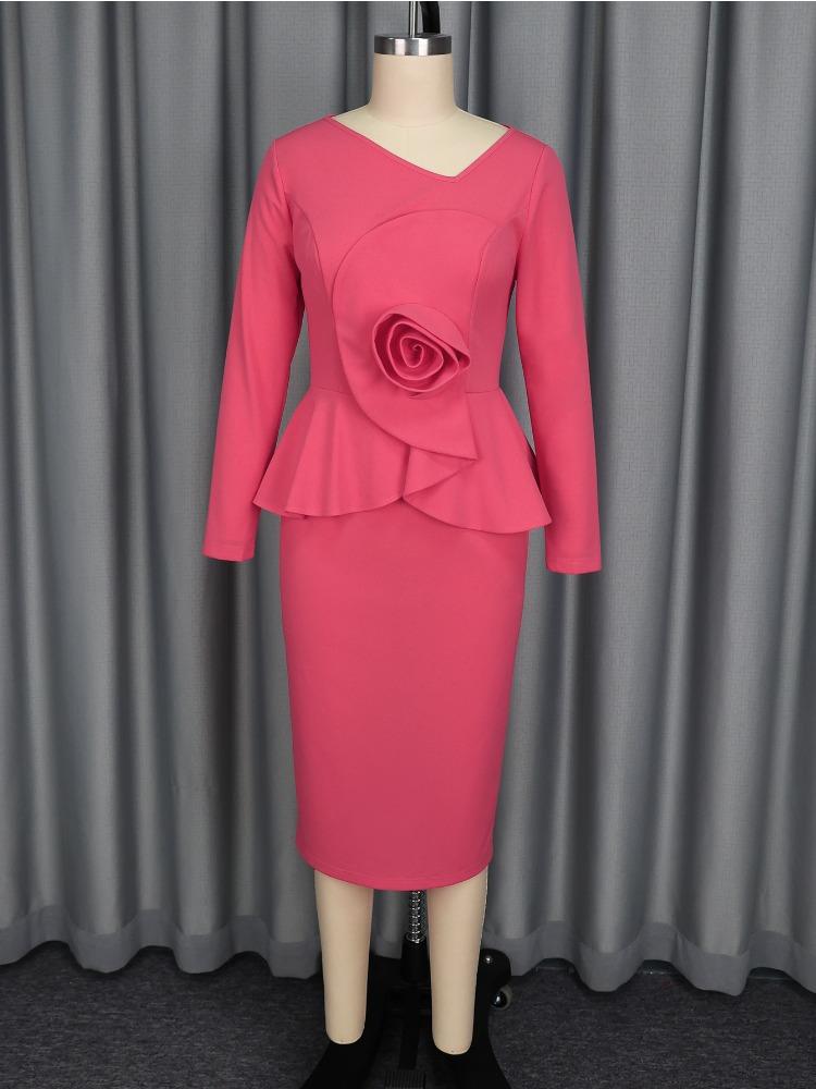 Элегантные женские церковные платья с длинным рукавом, косым воротником, баской, 3D-цветком, миди, для вечеринки, офиса, деловой работы, вечеринки, дня рождения, осени