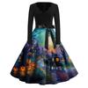 Women’s Casual Halloween Print V Neck Vintage Dress Long Sleeve A Line Midi Dress with Belt for Holiday Party Events