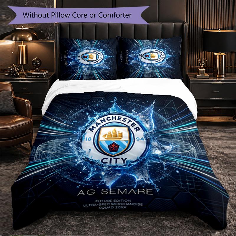 Manchester City Pattern 3 Pieces Bedding Set Soft Microfiber Duvet Cover with Pillow Cases for Bedroom