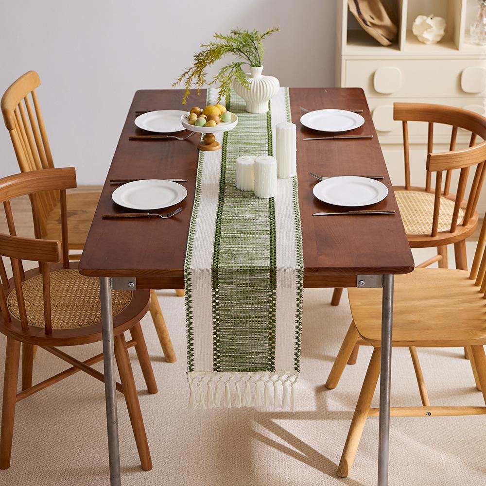 Хлопково-льняная настольная дорожка с кисточками, узловая, маленькая, свежая, шалфейно-зеленая, для праздничного стола, журнального столика, скатерть, коврик