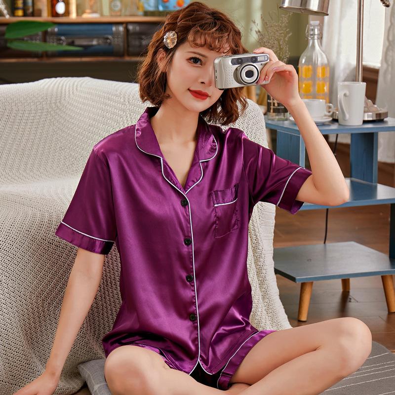 Летняя однотонная пижама женская свободная большого размера из ледяного шелка с короткими рукавами, двухсекционный тонкий костюм в японском стиле принцессы