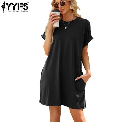 Женская мода лето весна однотонный принт с коротким рукавом и круглым вырезом свободная талия повседневные платья