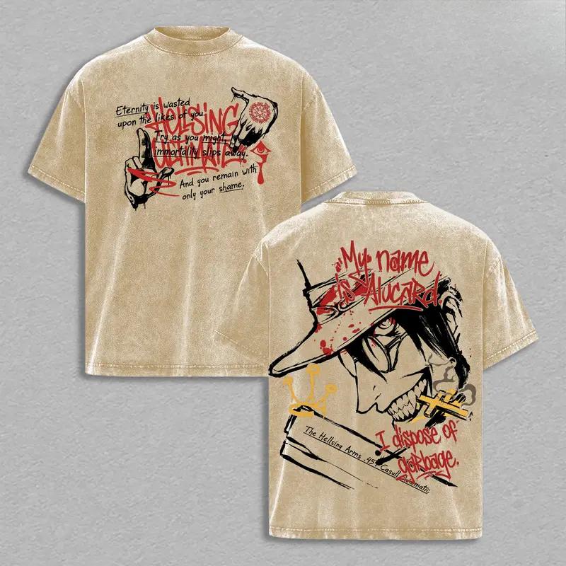 Горячая Аниме Hellsing Алукард Крутая Футболка с Графикой Мужская Одежда с Коротким Рукавом Стирка Хлопковая Футболка Повседневная Футболка Харадзюку Ретро Футболка