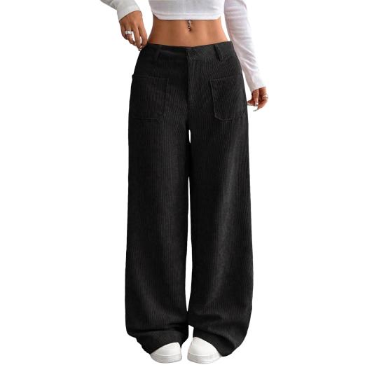 Женские брюки с низкой посадкой, на молнии и пуговице, прямые широкие длинные брюки с карманами, однотонные рубчатые брюки для отдыха