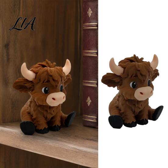 Novelty Gifts for Children 3D Printed Highland Cow Figurines, Cartoon Sitting Sculpture, Cute Animal Miniature Models Ornament Desk Decoration,