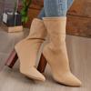 Модные сексуальные женские короткие сапоги с острым носком на толстом высоком каблуке, новые темпераментные сапоги из флока длиной до середины икры, современные туфли