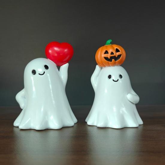 Halloween Ghost Figurine Cute Ghost Holding Heart/Pumpkin Statue Desktop Small Resin Ghost Ornament for Home Office Kitchen Tabletop Decor