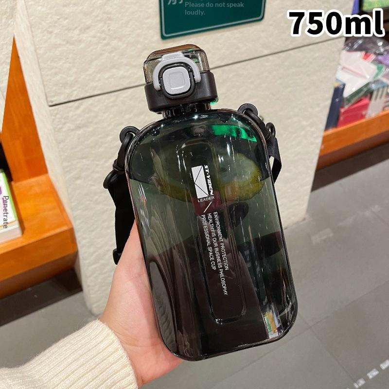 Square Flat Transparent Portable Water Bottle with adjustable strap lightweight for hiking school travel office