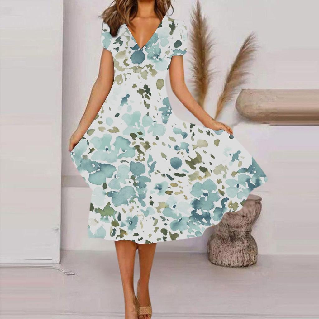 Women's Summer Casual Fashion Floral Print Short Sleeve V-Neck Swing Dress
