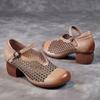 Retro Summer Women's Shoes Leather Shoes High Heeled Sandals Head Cowhide Hollow Out Breathable Cave Shoes