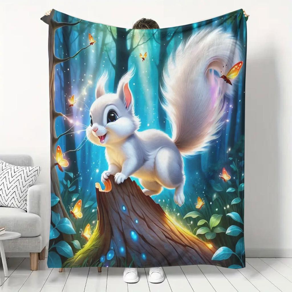 1pc Cozy Reversible Flannel Fleece Blanket with Cute Squirrel Print, Digital Printed Soft Throw for Sofa, Home Leisure, Air Conditioning, Nap, Office,