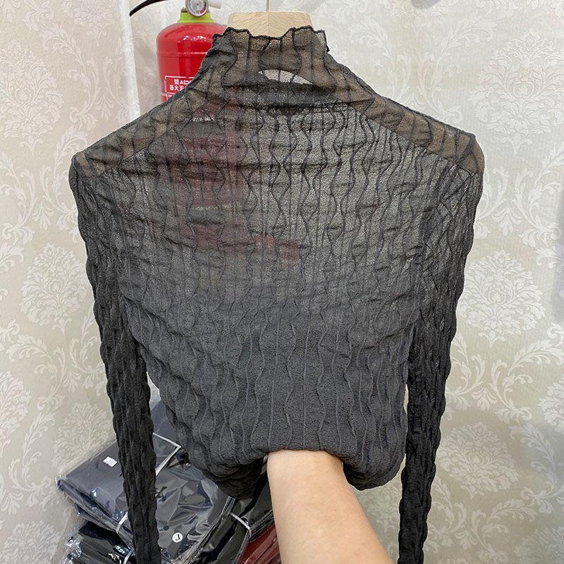 Рубашка на сетчатой основе с высоким воротом для женщин на весну и осень, прозрачный кружевной топ с длинными рукавами для женщин