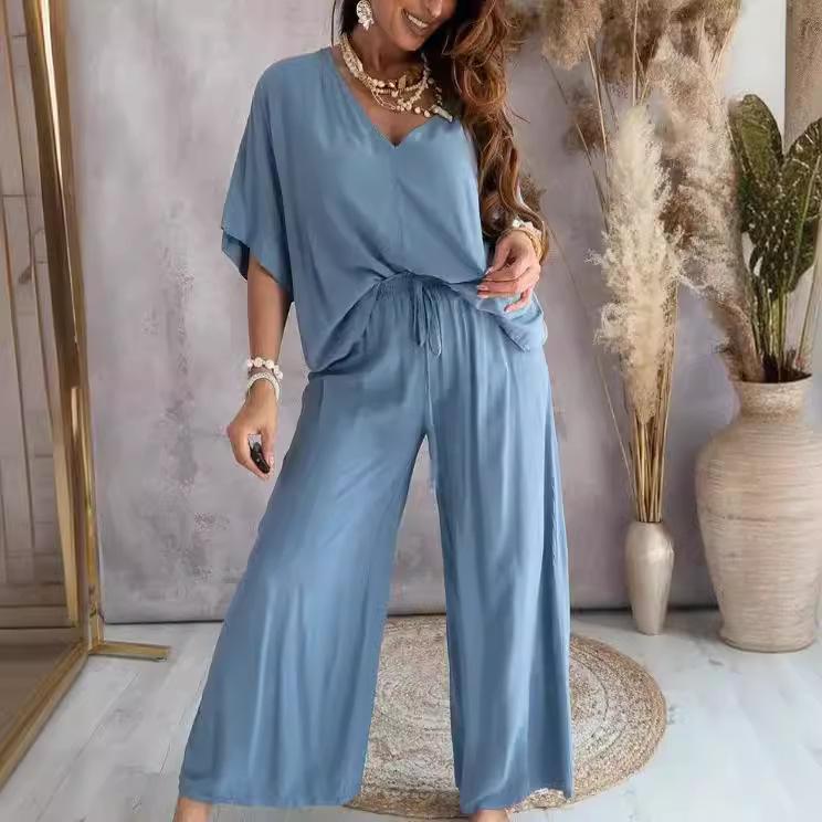 Летний повседневный свободный комплект из двух предметов, женские брюки с V-образным вырезом, элегантные женские домашние наряды с рукавами «летучая мышь»