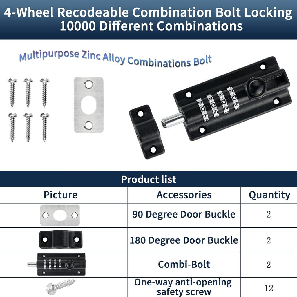 Combination Locking Bolt 2 Pack,Thickened Solid Zinc Alloy Combination Barrel Bolt,Safety Slide Latch Lock with Password Setting,for