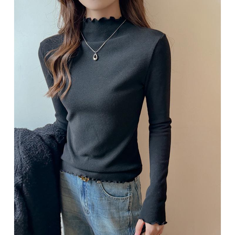Autumn Winter Half High Collar Ruffles Solid T-shirt Women Long Sleeve Simple All-match Bottomed Tee Top Pullovers