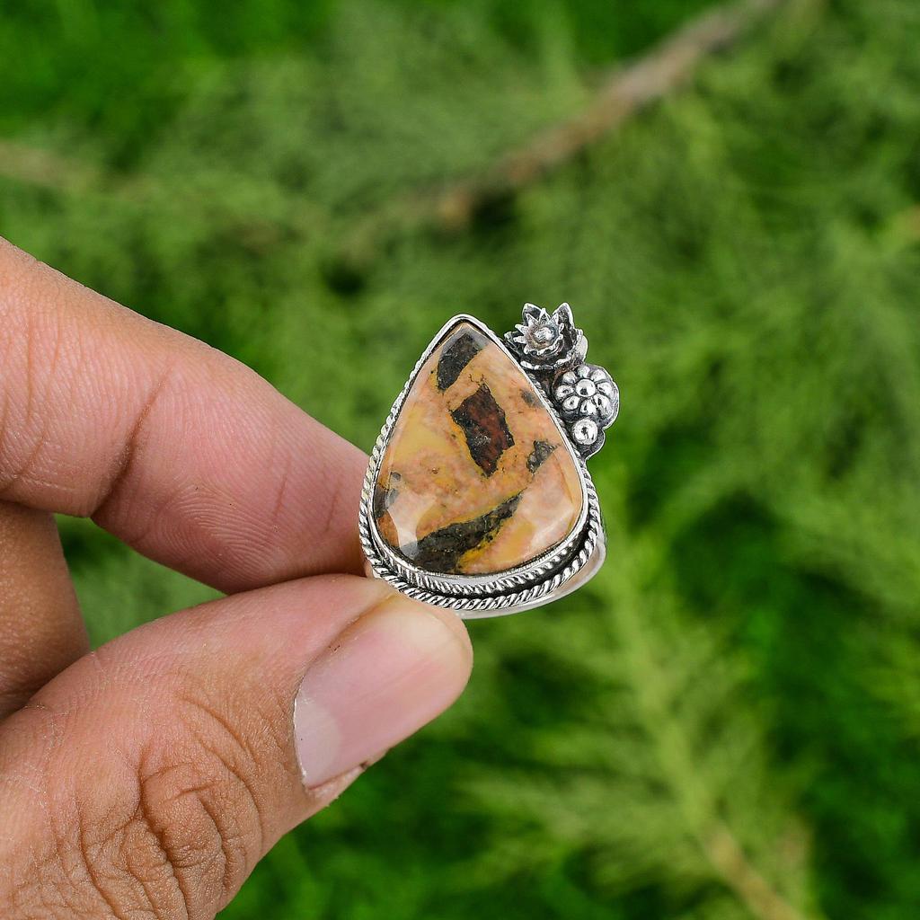 Gift For Her Natural Bauxite Stackable Flower Adjustable Ring 925 Silver