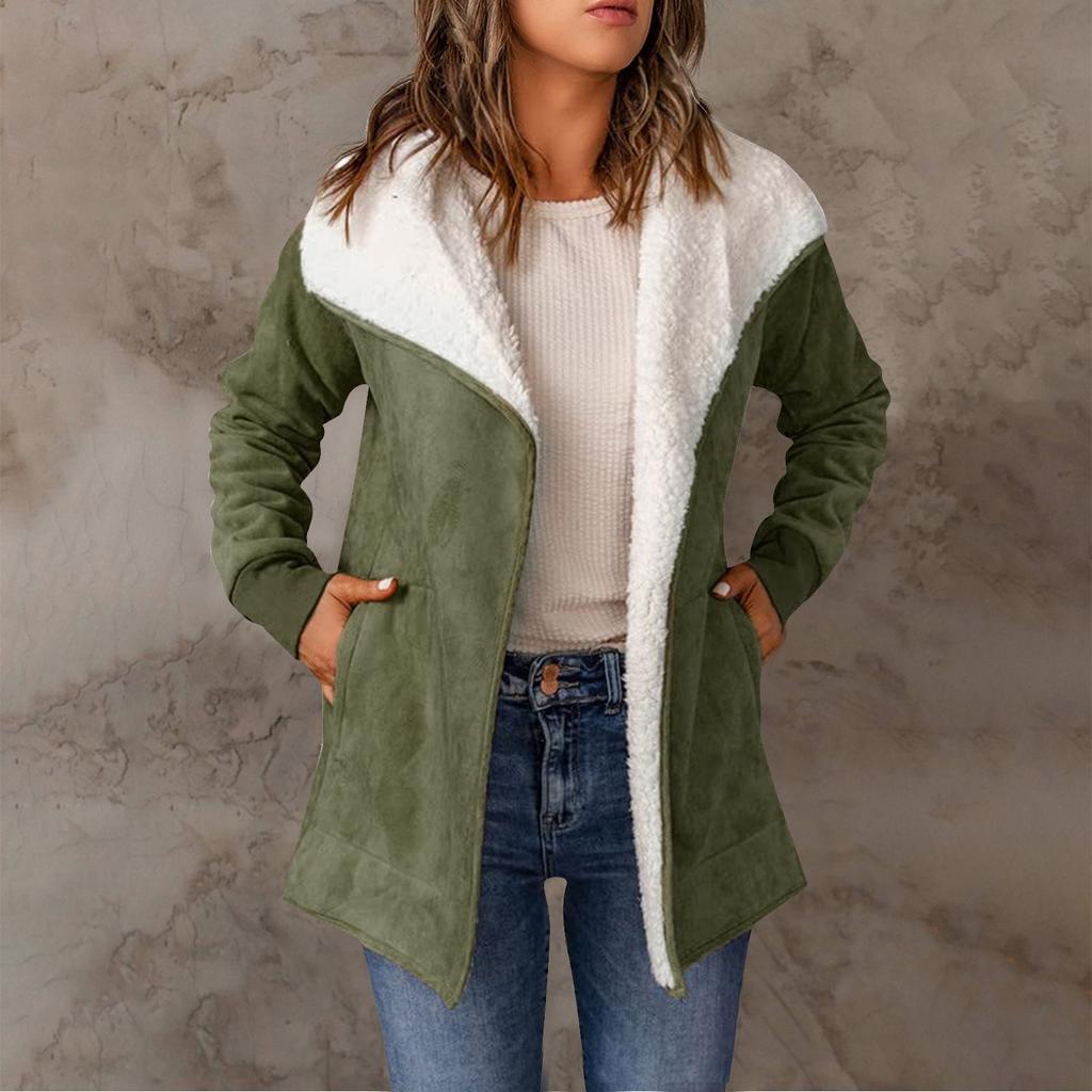 Women's Casual Solid Color Loose Plush Large Lapel Jacket With Pockets
