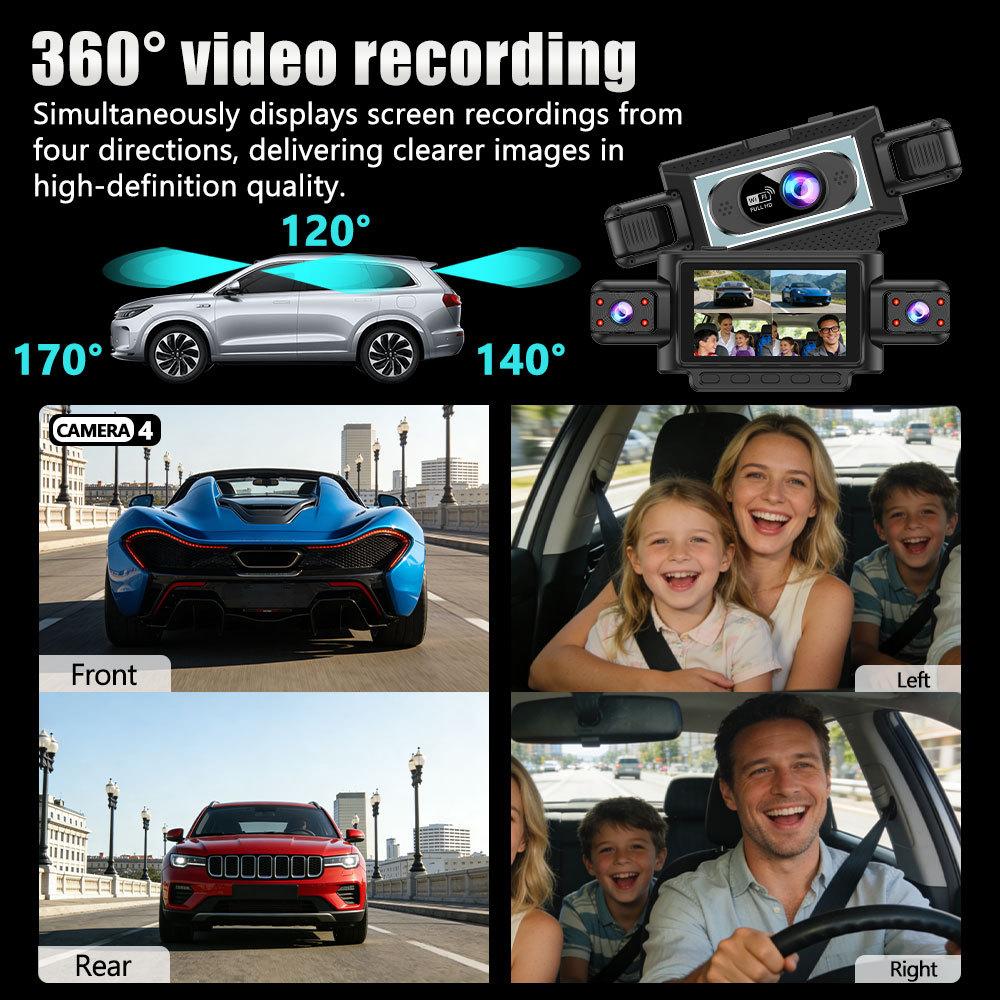 360° видеорегистратор для автомобиля с 4 объективами, WiFi-приложение, 1080P, 4-канальный видеорегистратор, камера салона и заднего вида
