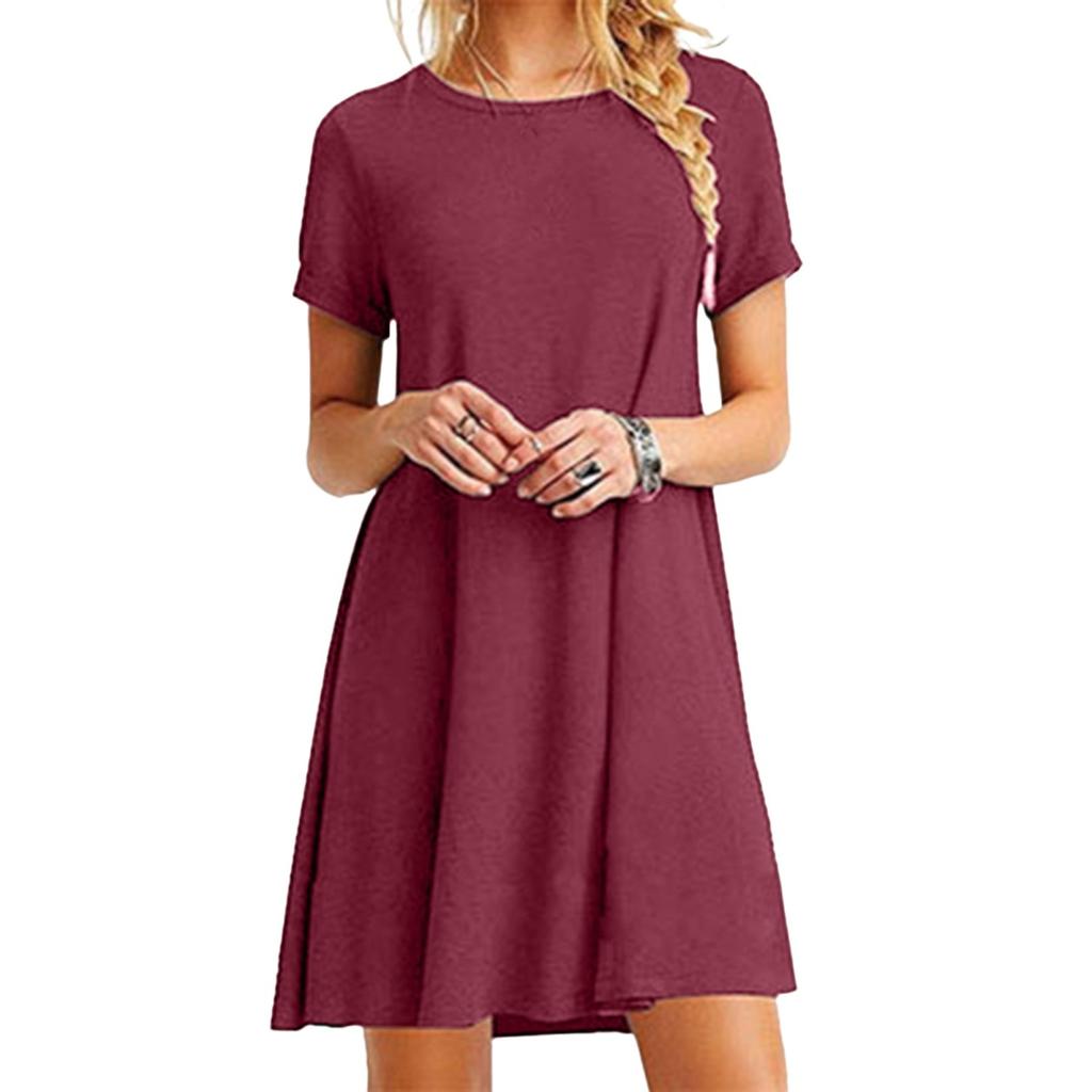 Yousheng Summer Mini Dress Short Sleeves A-line Round Neck Solid Color Above Knee Length Simple Style Short Dress Dating Beach Party Dress