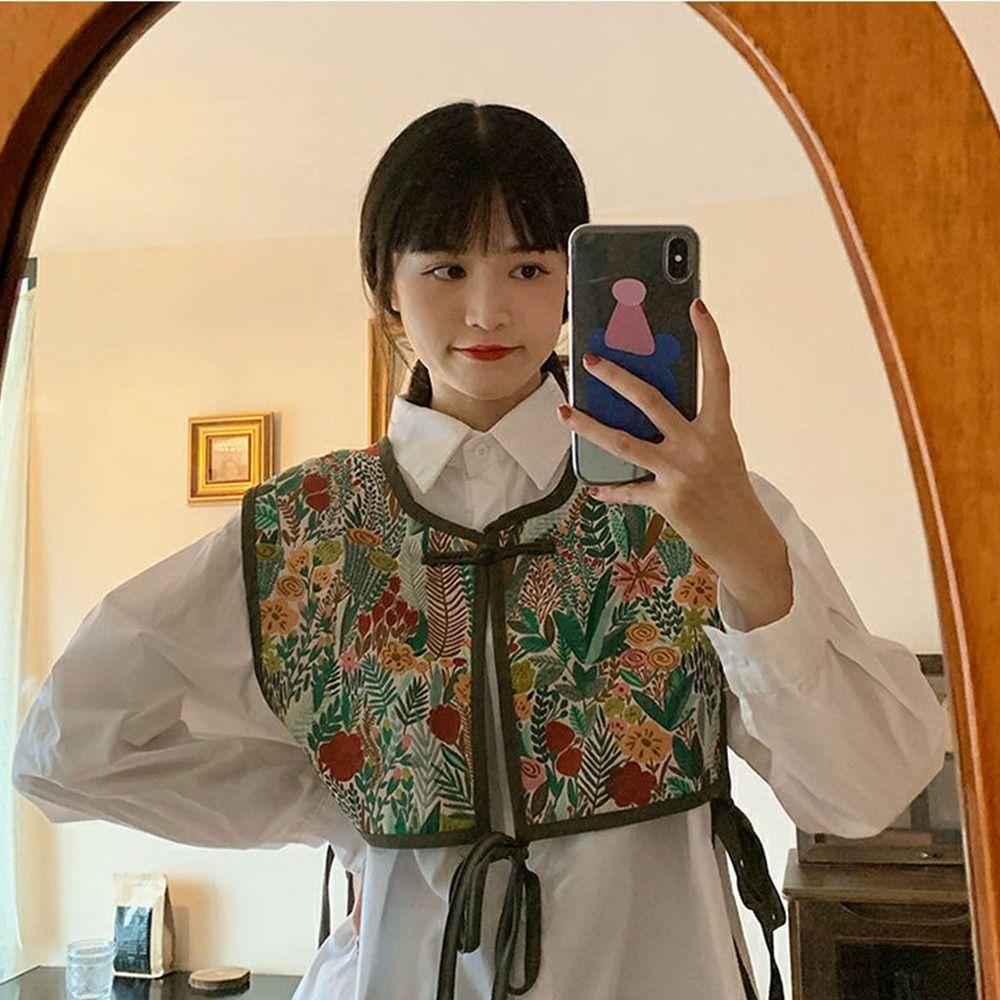 Кейп с воротником случайного узора, жилет на шнуровке с цветочным принтом, женский вышитый жилет, для девочек