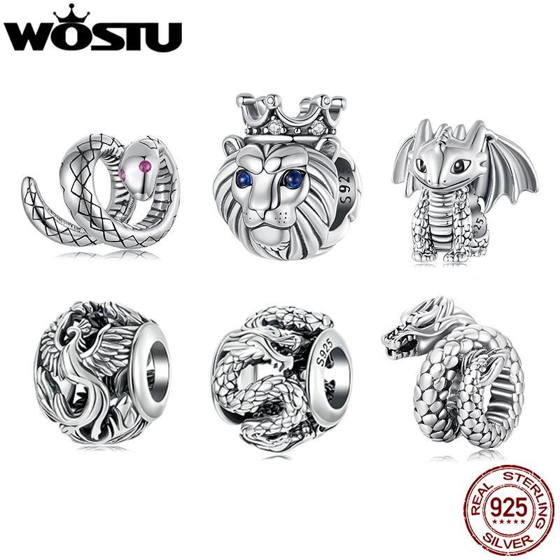 WOSTU Real 925 Vintage Silver Lion Crown Charm Flying Dragon Charm Phoenix Snake Bead Fit Bracelet DIY Jewelry Making
