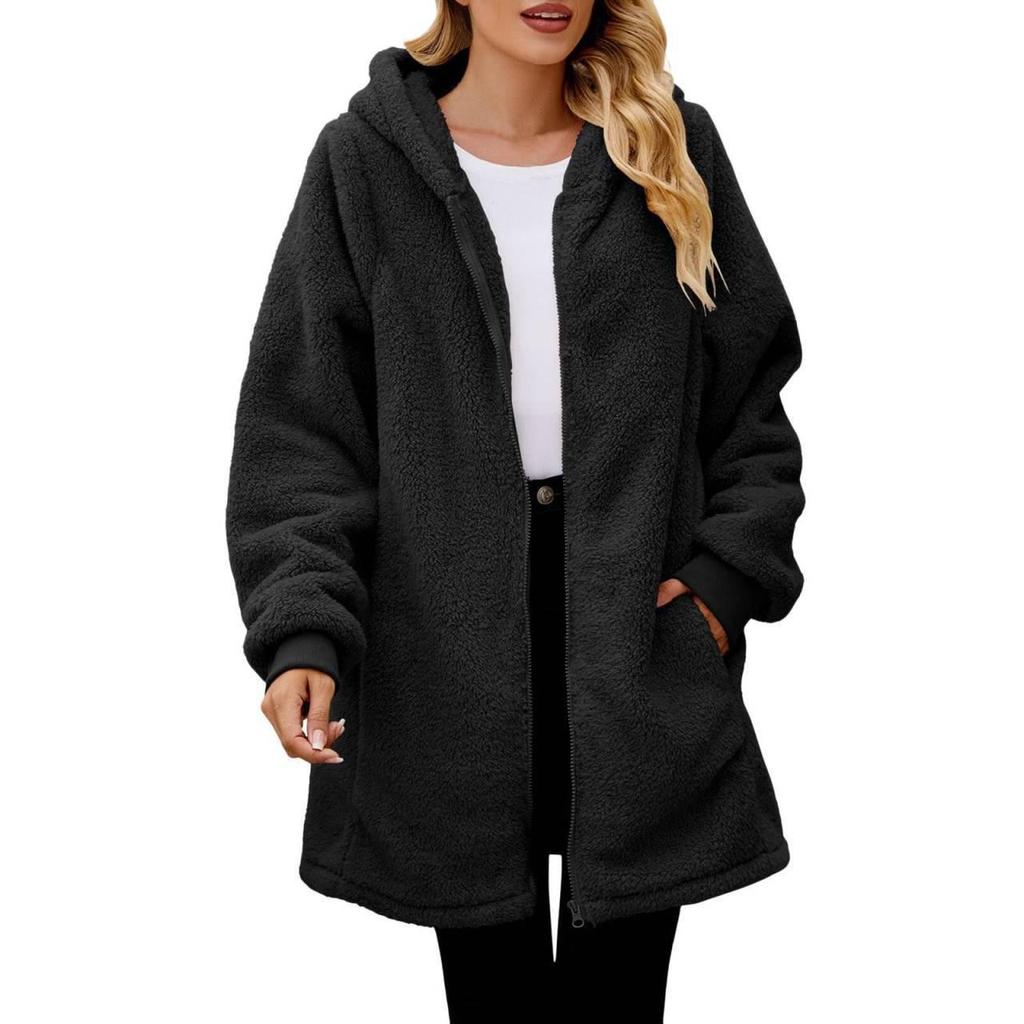 2023 Winter Women's Loose Plush Long-Sleeved Hooded Zipper Cardigan Jacket