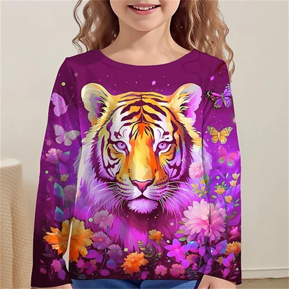 Children's T-Shirt Kawaii Full Sleeves T-Shirts for Girl Tiger Cat Cute Tees Clothes 2023 Autumn Kid Top O-Neck Outdoor Clothing