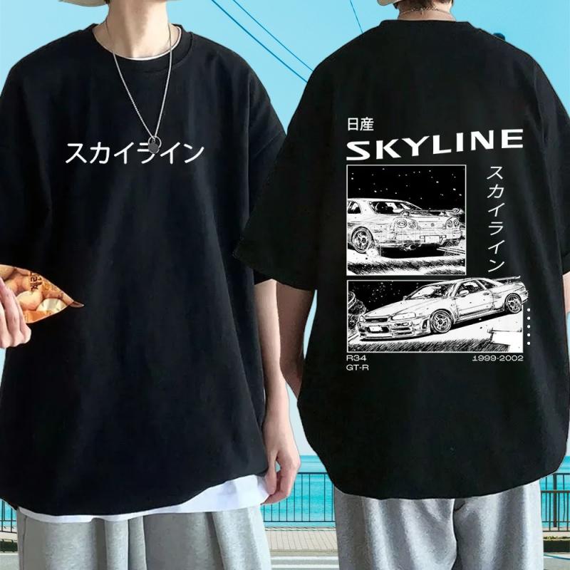 Large Men's Cotton Anime Drifting AE86 Initial D Double Sided Printed T-shirt Summer Casual R34 Skyline GTR JDM Manga T-shirt