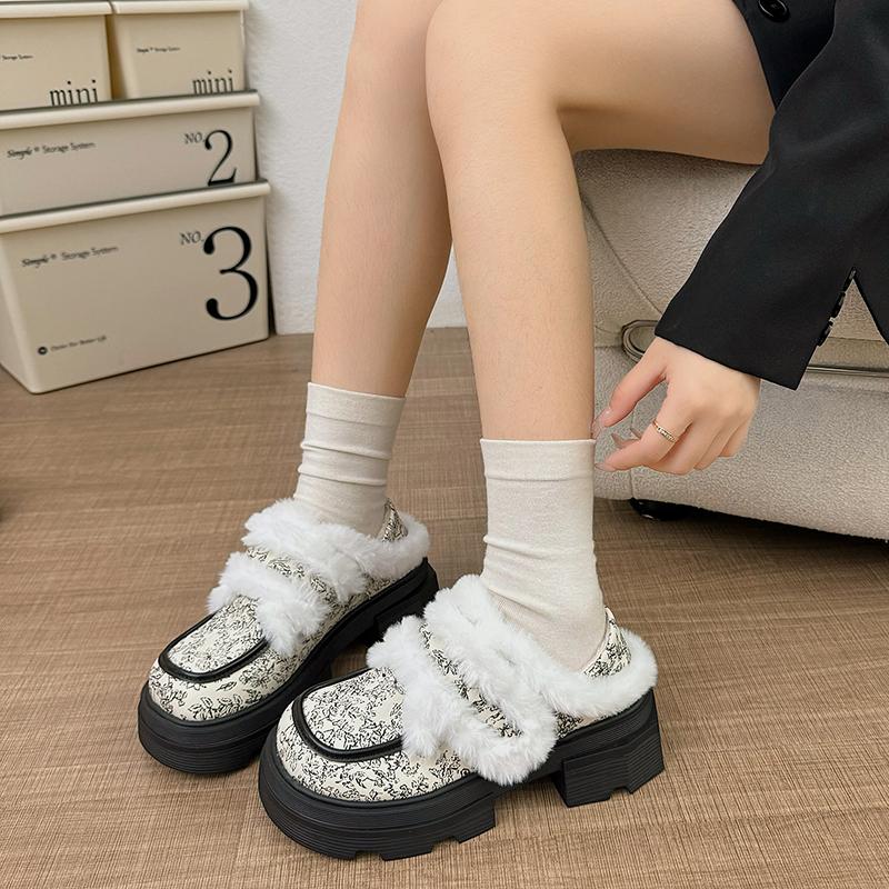 Женские мокасины с принтом на платформе и мехом, ботильоны на высоком каблуке, зима 2025, новые повседневные туфли на толстом каблуке, зимние ботинки-лодочки