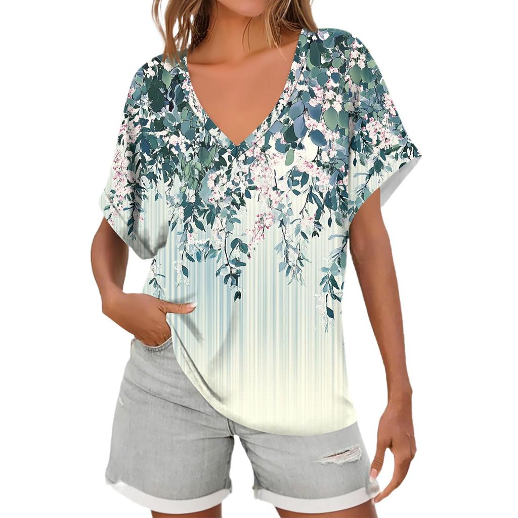 Womens Short Sleeve V-Neck Shirts Floral Print Loose Casual Basic Tees Summer Tops