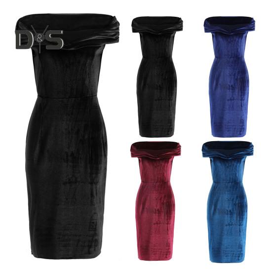 Sumer Evening Dress Off Shoulder Strapless Velvet Skinny Sheath Solid Color Sleeveless Backless Cocktail Party Prom Midi Dress