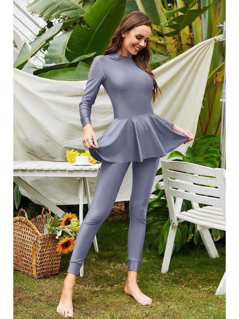 Solid Color Full Coverage Long Sleeve Surfer Sunsuit - Conservative One-Piece Arabic Swimsuit
