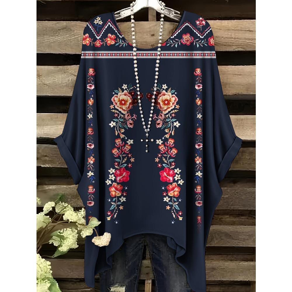 Летняя женская футболка в этническом стиле с принтом, удлиненная спереди, с круглым вырезом, повседневная, удобная, футболка в стиле Y2k, винтажная женская футболка с коротким рукавом