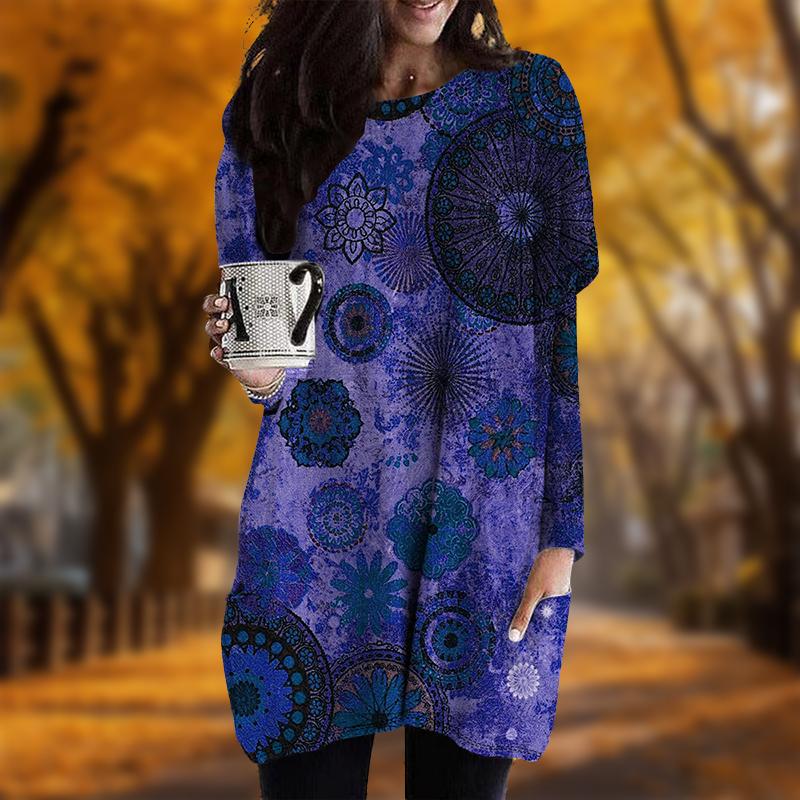 Новинка осени античный калейдоскоп принт плюс размер платье женщины O-образный вырез длинные рукава повседневные карманные платья