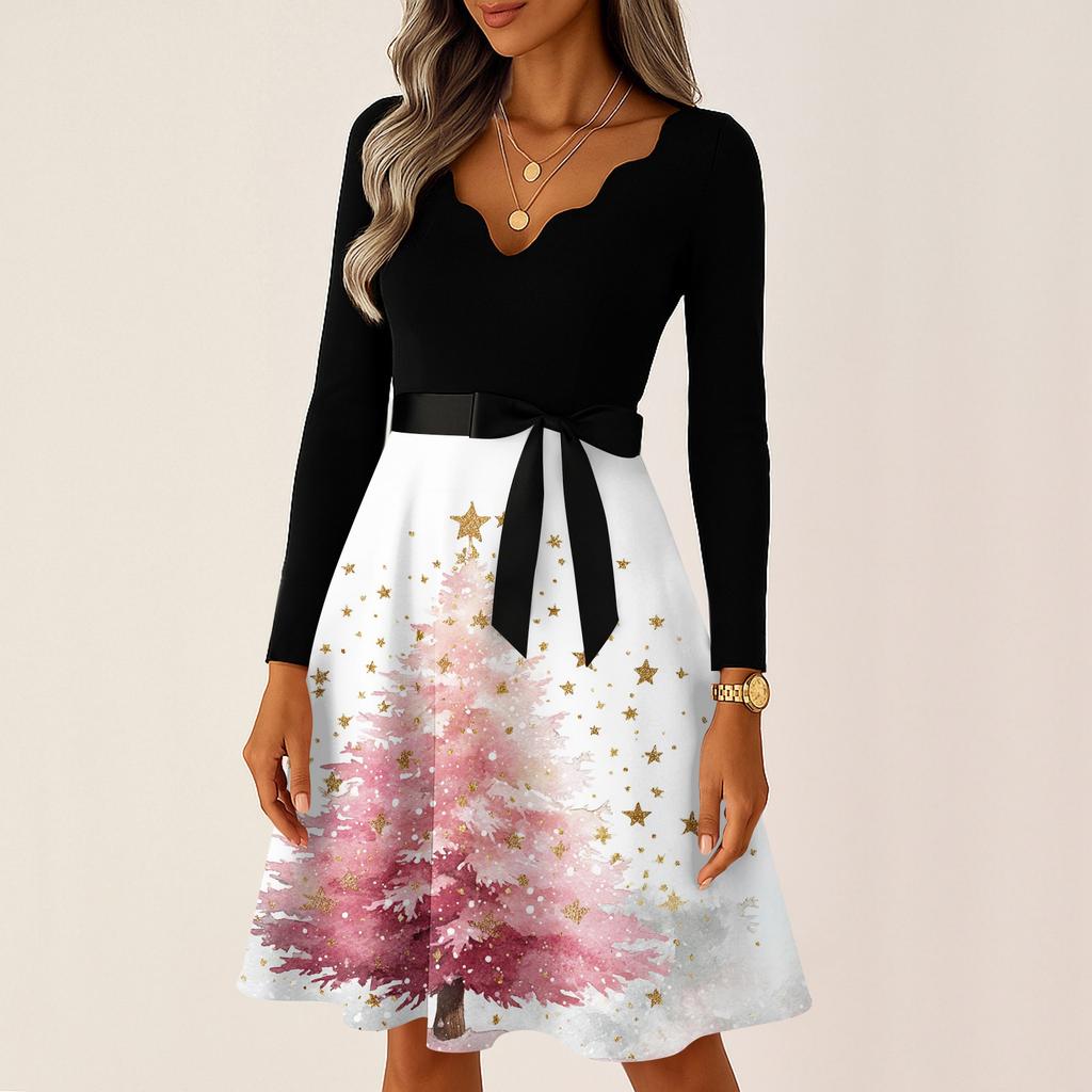 Women's Casual Fashion V Neck Long Sleeve Christmas Printed Party Vintage Long Dresses
