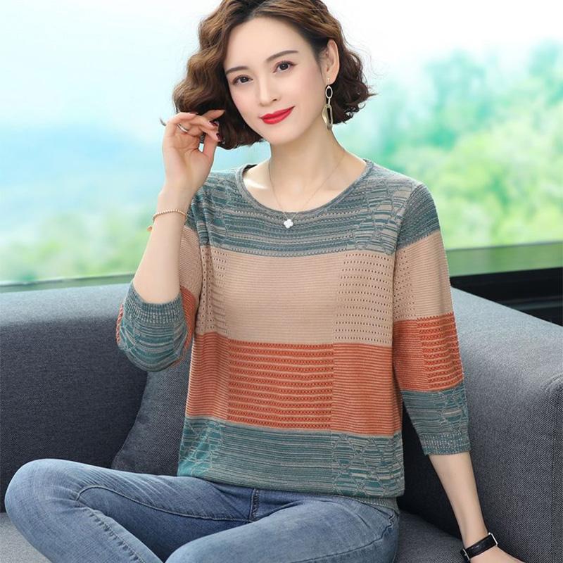 Striped Sweater Knitted Pullover Thin Round Neck Long Sleeves Women's Top Casual Undershirt Commute Spring Autumn