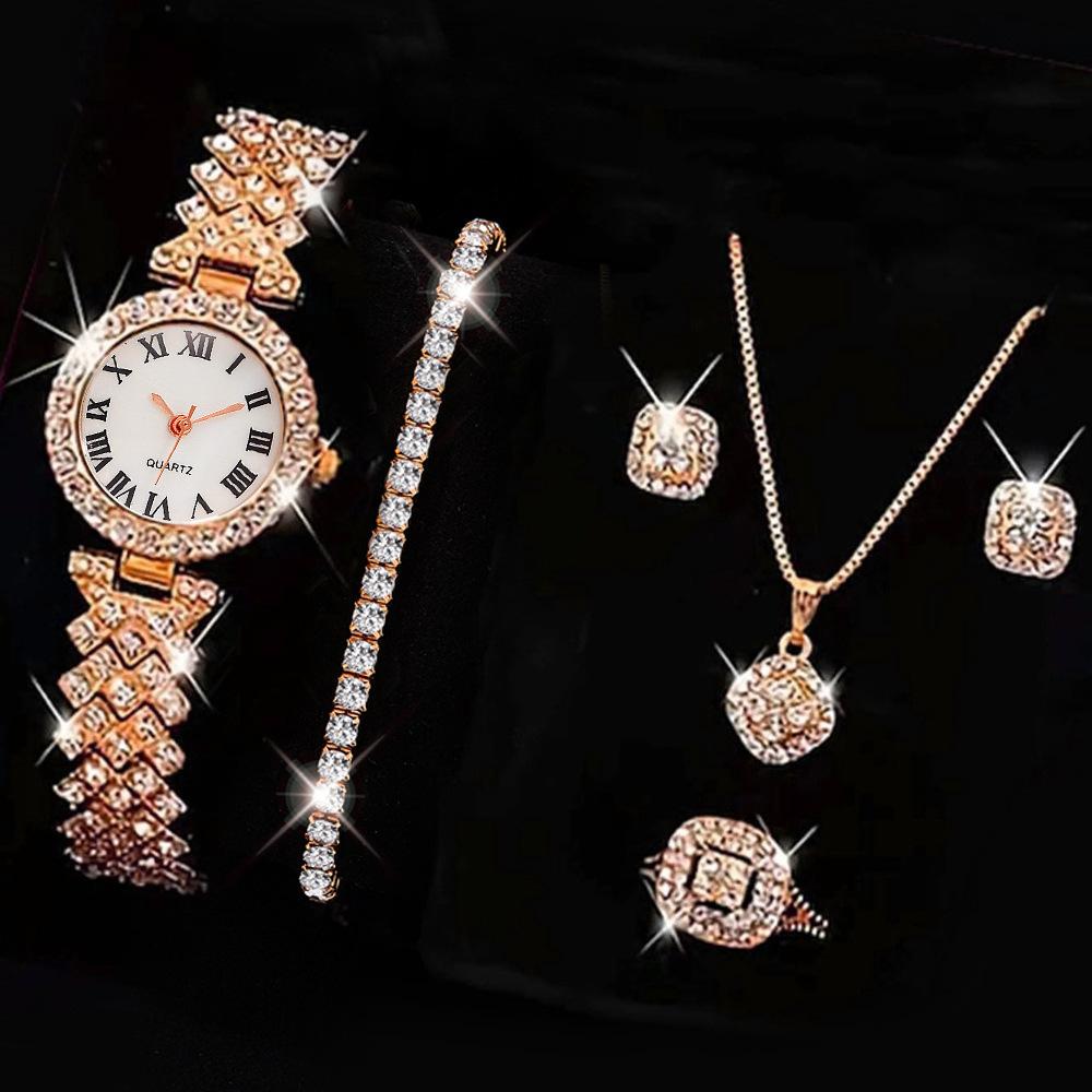 Trendy Unisex Roman Pattern Necklace Diamond Bracelet Fashion 6PCS Quartz Watch Women's Watch Earrings Crystal Ring Women Watch Set