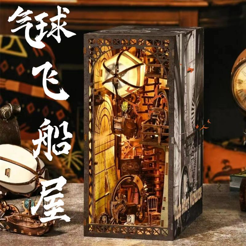 Twilight Cabin Bookends: DIY Wooden 3D Puzzle House Model, Handmade Building Blocks, Assembled Toy Gift.