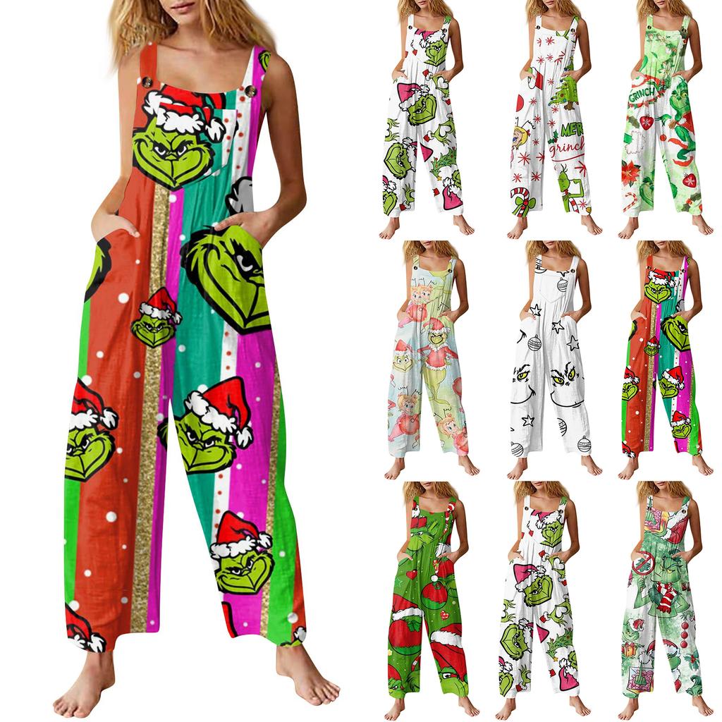 Women's Fashion Christmas Print Casual Retro Sleeveless Button Jumpsuit