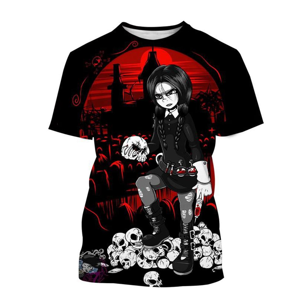 Женские футболки с коротким рукавом и повседневным кроем с 3D-принтом персонажа Уэнсдей Мерлины - Мягкая полиэстеровая ткань средней эластичности, летняя одежда свободного кроя