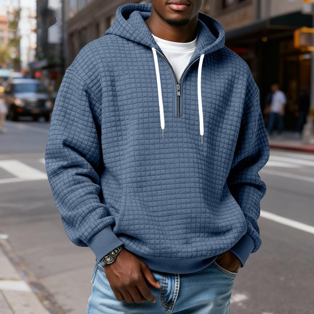 Мужской худи-пуловер в клетку с капюшоном на молнии до середины, со шнурком, повседневная спортивная толстовка