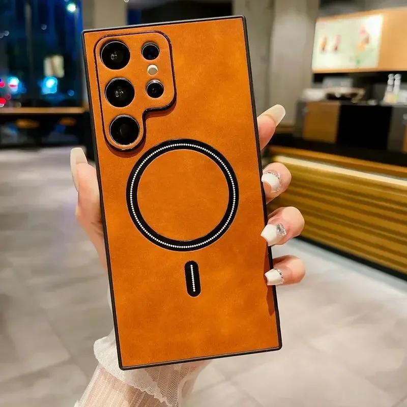 Роскошный простой мягкий кожаный магнитный чехол для телефона Magsafe для Samsung Galaxy S25 S24 S23 S22 S21 Ultra Plus защитный чехол для камеры