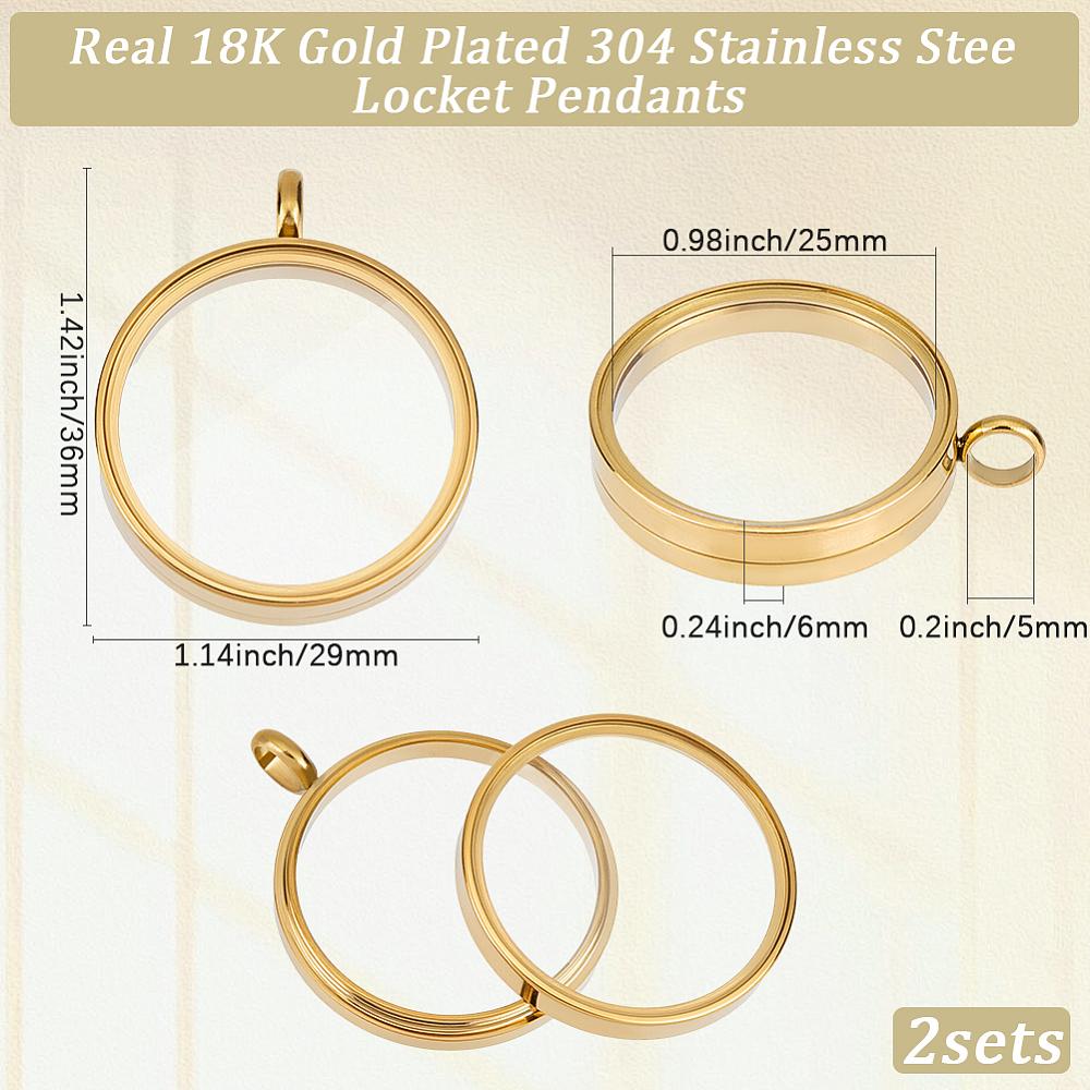 2Pcs Ion Plating(IP) 304 Stainless Stee Locket Pendants, with Glass, Flat Round Charm, Real 18K Gold Plated, 36x29x6mm, Hole: 5mm