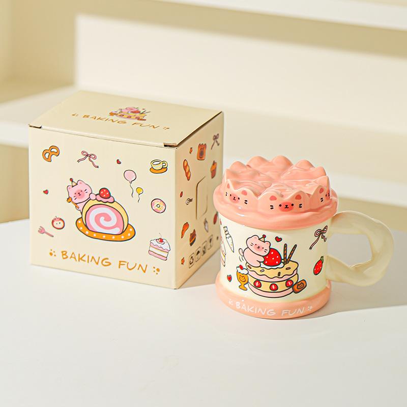 Нарисованная от руки кружка с милым котом «Торт на день рождения», офисная кружка для воды для высокой девушки с крышкой, домашняя парная керамическая кружка