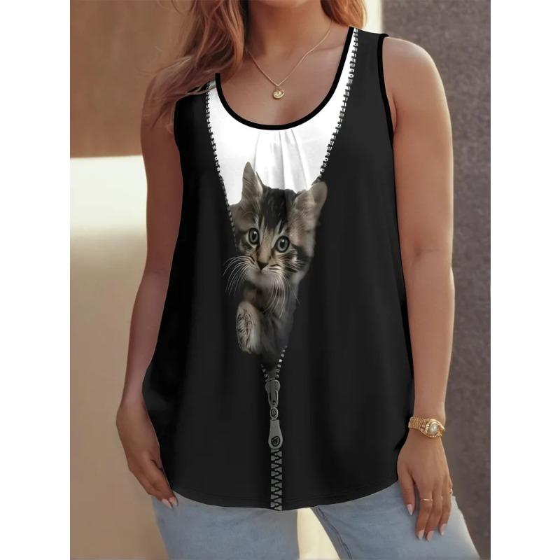 Women's Sleeveless Vest Creative Color Pattern Cat Printing Comfortable Soft Fashionable Versatile Summer Vest